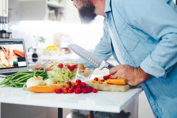 Portrait Mature Male Husband Home Preparing Healthy Tasty Breakfast Recipe — Stockfoto