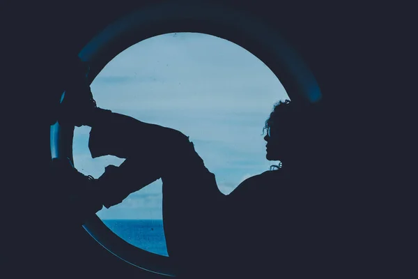 Silhouette Woman Boat Passenger Having Relax Sitting Big Window Porthole — Stock Photo, Image