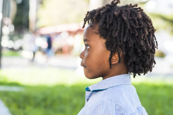 Side portrait of young children black ethic afro american diversity with green playground park in background. Dredd hair style little boy alone side view