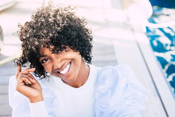 Young Afro American Woman Big Smile Enjoy Time Alone Have — Fotografia de Stock