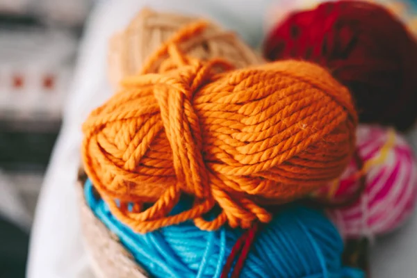 stock image Colorful wool balls on background. Knitting work. Leisure indoor activity. Hobby and alternative job concept.