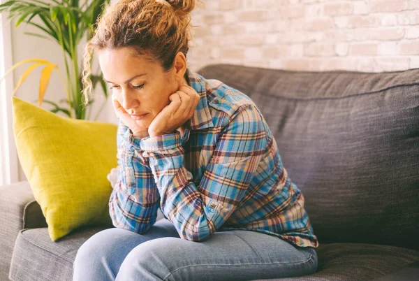 Sad Woman Alone Home Sitting Sofa Looking Life Problems Burnout — Stock Photo, Image