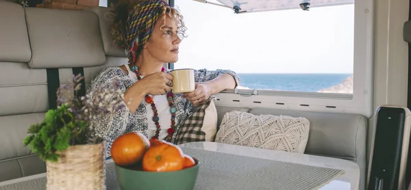 Traveler Woman Enjoy Time Relax Modern Camper Van Coffee — Stock Photo, Image