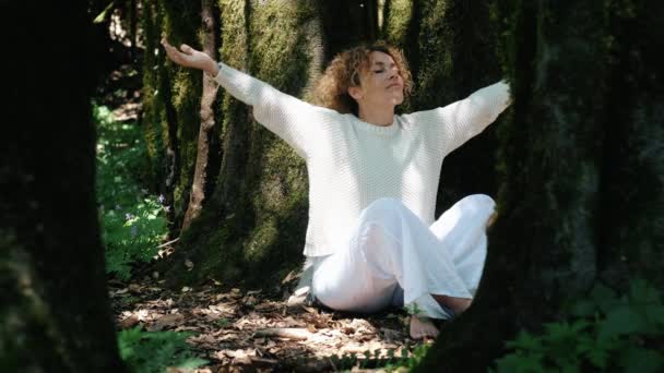 Frau Sitzt Wald Und Findet Inneren Frieden Und Gelassenheit Gesunder — Stockvideo