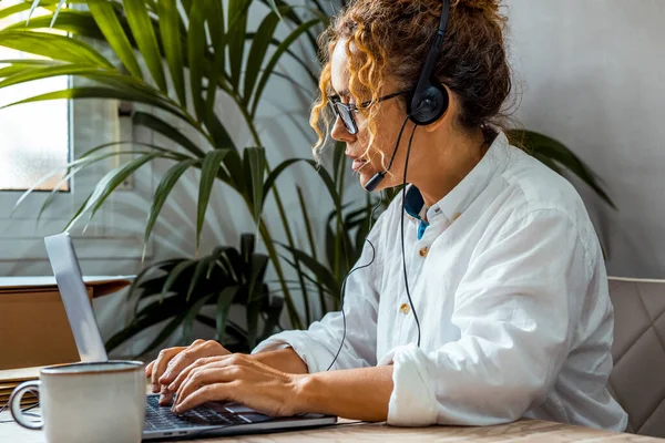 Side View Modern Woman Working Laptop Wearing Headset Glasses People — Stock Photo, Image