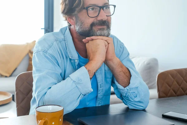 Happy Serene Man Looking Air Home Closed Laptop Table Concept — Stock Photo, Image