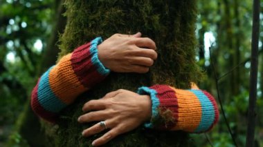 Doğa aşığı tropik ormanlarda ağaç gövdesine yeşil misk kokusuyla sarılıyor. Yeşil doğal arka plan. İnsanların kavramı doğayı sever ve ormansızlaşmadan, kirlilikten veya iklim değişikliğinden korur.