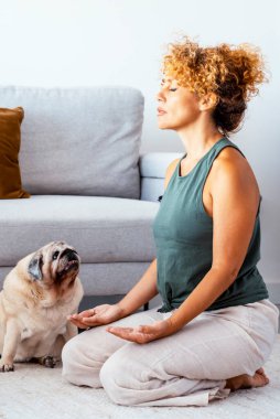  Sağlıklı yetişkin bir kadın yoga oryantal zen pozisyonunda meditasyon egzersizi yaparken en iyi arkadaşı köpek pug 'u yanında otururken meraklı görünüyor. Apartmanda boş zaman aktivitesi yapan insanlar.
