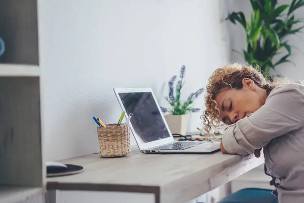Woman Asleep Front Open Laptop Home Office Workplace Female Entrepreneur — Stock Photo, Image