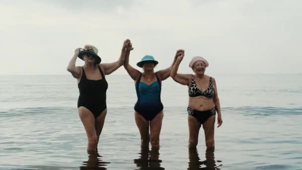 Група Трьох Літніх Жінок Насолоджується Активним Відпочинком Пляжі Стоячи Океанічній — стокове відео