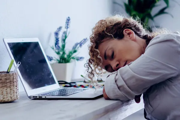 Woman Asleep Front Open Laptop Home Office Workplace Female Entrepreneur — Stock Photo, Image