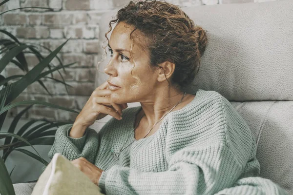 Thoughtful Worried Lady Home Sitting Sofa Looking Serious Thinking Lot – stockfoto