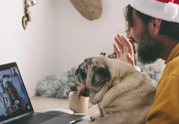 woman doing video call on laptop with his old dog pug best friends and happy woman on the other side of computer connection display. Remote friends during christmas holiday celebration time