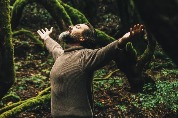 Yetişkin Adam Macerası Ormanda Duruyor Başarı Tatmin Duygusu Için Kollarını — Stok fotoğraf