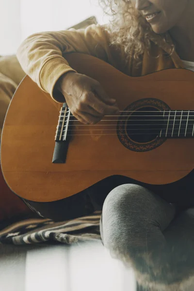 Woman Home Playing Guitar Having Fun Alone Relax Leisure Activity — Foto Stock