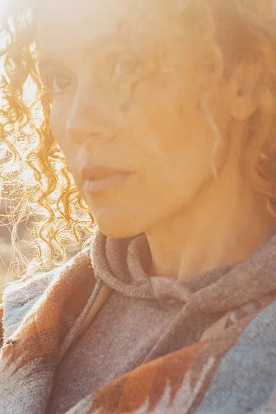 Portrait Beautiful Woman Looking Sunny Daylight Sunset Time People Closeup — Stok fotoğraf