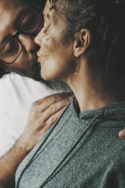 Romantic Adult Couple Kissing Tenderness Sweetness Home Indoor Leisure Love — Zdjęcie stockowe