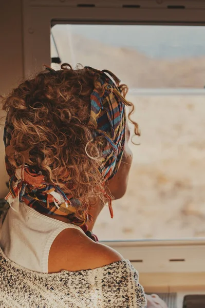 Back View Traveler Woman Looking Camper Van Window Van Life – stockfoto