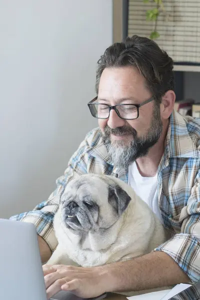 Hipster Man Beard Work Home Laptop Computer — Stock Photo, Image