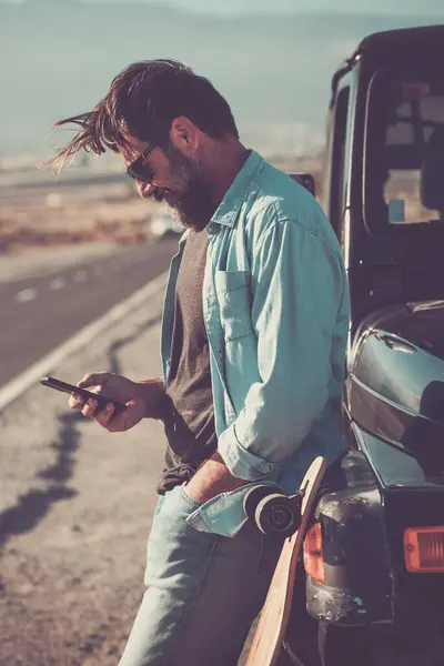 Handsome Man Use Phone Cellular Black Car Vehicle Long Road — Stock Photo, Image