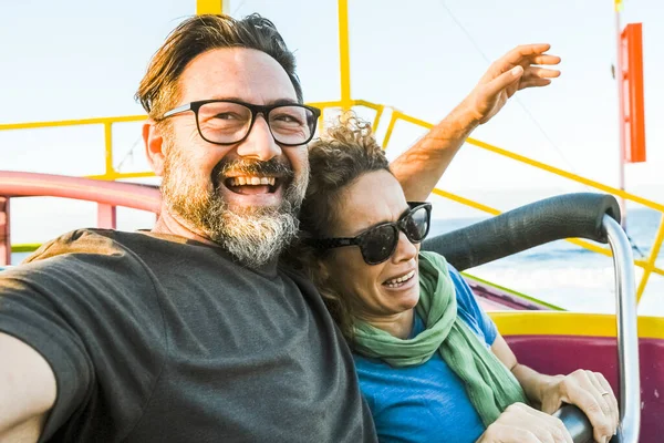 Adult Couple Have Fun Together Roller Coaster Amusement Park Taking — Stock Photo, Image