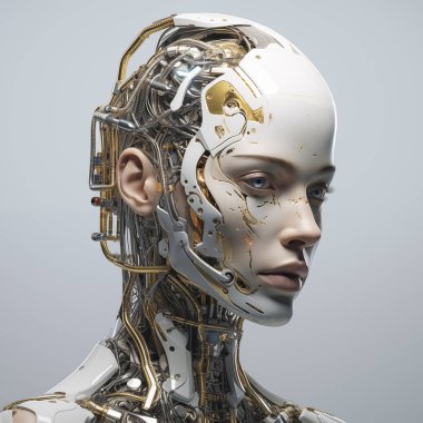 Yarı kadın yarı robot yapay zeka konsepti. Gelecekteki gezegen. Sırtında robotik bileşeni olan genç bir erkek. Mavi arka plan. Teknoloji kavramı gelecek nesil