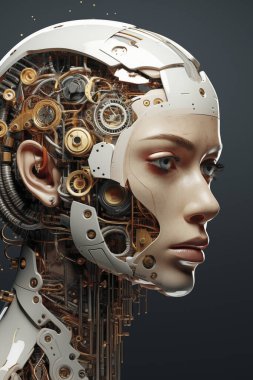Yarı kadın yarı robot yapay zeka konsepti. Gelecekteki gezegen. Sırtında robotik bileşeni olan genç bir erkek. Mavi arka plan. Teknoloji kavramı gelecek nesil