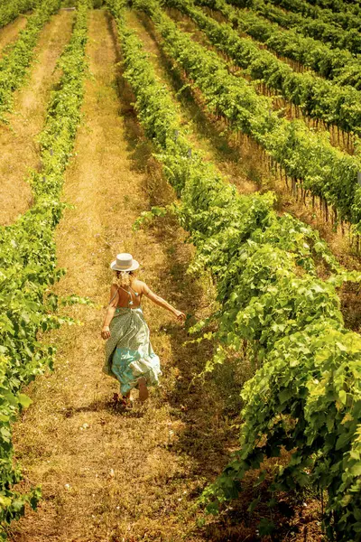 Freedom and happiness people concept enjoying nature - woman viewed from back running free in vineyard nature outdoor - travel and joyful lifestyle concept - trendy fashion style lady enjoy country