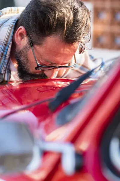 Man Kiss His New Car Automobile Lovers Owner Hugging His — Stock Photo, Image