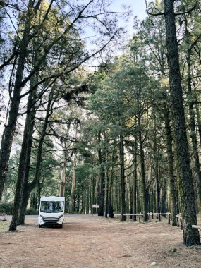 Arka planda yüksek manzaralı ağaçlar olan doğa parkındaki modern karavan karavanı. Seyahat ve alternatif vanlife ev tatili kavramı. Özgürlük hayatı ve tatil