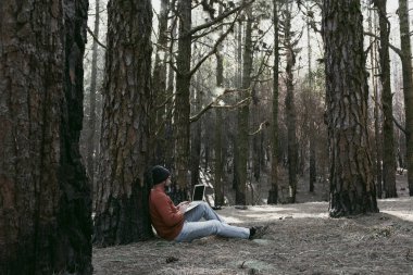  Orman odunlarında dizüstü bilgisayar kullanan bir adam teknolojinin ve boş zamanların tadını çıkarıyor. Modern insan arka planda ağaçlarla hücresel olarak konuşuyor. Seyahatte insanlar ve iletişim