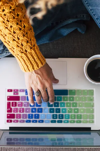 Vertical View Adult Woman Hands Working Writing Colored Laptop Keyboard — Stock Photo, Image