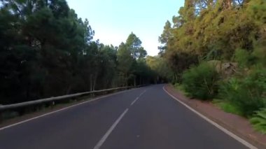 Dağ manzaralı yol boyunca araba sürüyorum. Güzel, boş bir yoldan geçen bir kameranın görüntüsü. Ulaşım ve sürücü bakış açısı kavramı. Dağ yolculuğu. Arka planda mavi gökyüzü