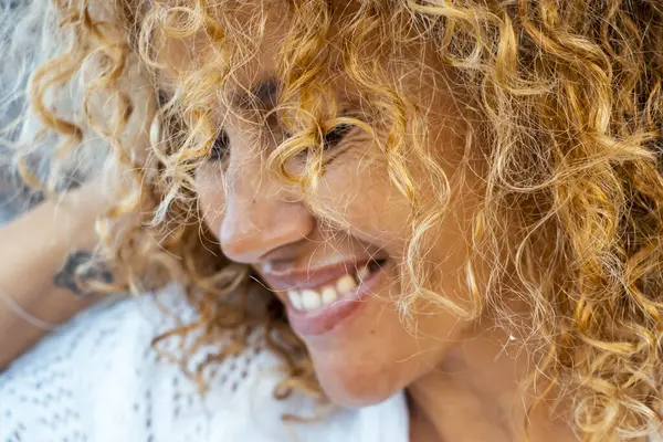 Close Portrait Real Adult Woman Smiling Enjoying Time Curly Long Stock Picture