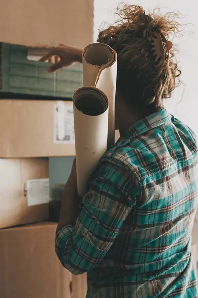 Happy Adult Woman Relocating House Lifting Cardboard Boxes Life Stuffs Royalty Free Stock Photos