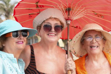 Yazın gülümseyen ve poz veren bir grup kadın arkadaş arkadaşça boş zamanlarında birlikte fotoğraf çekiliyorlar. Renkli aksesuarlar ve güneş gözlükleri. Tatil tatili yaşlı insanlar bayan bayanlar