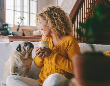 Female owner sits on a worn sofa at home calmly while interacting with her cherished pug steadily to exchange quiet dialogue and warm affection, boosting daily resilience and fostering emotional recovery in routine moments clipart