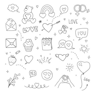 Romantik Doodle Line Sanat İllüstrasyonuna bayılırım. Sevgililer Günü karalamaları