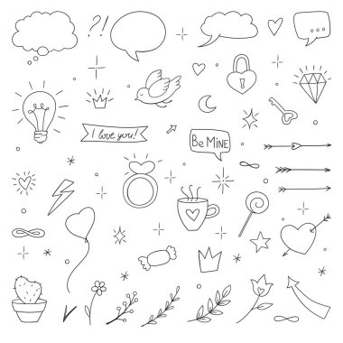 Sevgililer Günü çizgi karalama koleksiyonu. Aşk doruk noktası, oklar, metin, yüzük, mektup, çiçek, şeker.