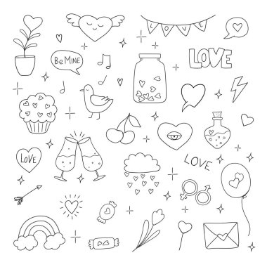 Karalama dizaynında bir dizi romantik vektör ikonu. Düğün unsurları, kalpler, romantik simgeler.
