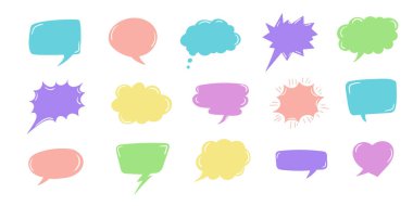 Şirin vektör konuşma balonu renkli set, el çizimi konuşma baloncukları kitap, kart, iş, poster tasarımı için el yazısıyla.