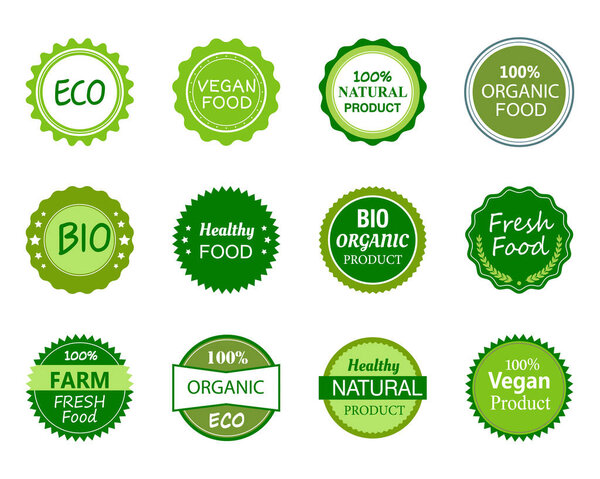 Set of green labels and badges with for organic, natural, bio and eco friendly products isolated on white background