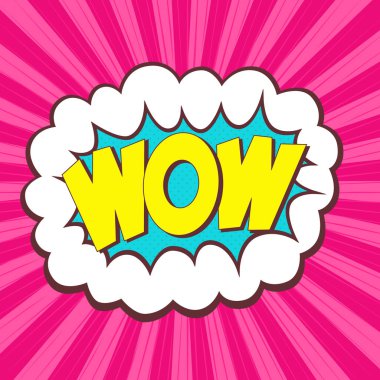 Retro pop sanat tarzında parlak dinamik çizgi film illüstrasyonu. İfade metni WOW olan komik konuşma balonu