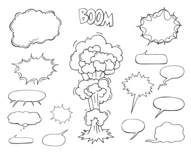 Boş çizgi romanlar ve elementler. Çizgi film pop sanat ifadesi konuşma bulutu çizimi.