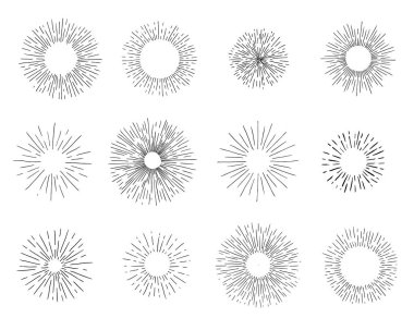Güneş patlamaları, patlama efektleri, beyaz arkaplanda izole edilmiş klasik karalamalar.