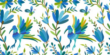 Beyaz arka planda kuşların ve çiçeklerin olduğu kusursuz bir desen. Renkli Meksika Geleneksel Tekstil Nakış Biçimi.