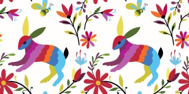 Etnik Meksikalı işlemeli Otomi. Duvar kağıdı, ambalaj kağıdı, arkaplan, kumaş tasarımı.