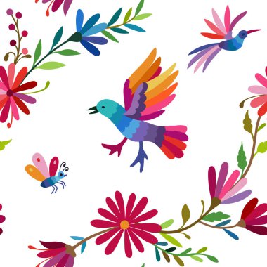 Seamless pattern with birds and flowers on white background clipart