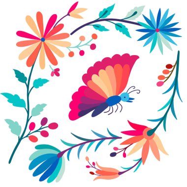 Folk Otomi tarzı grafikler, duvar kağıtları. Renkli Meksika Geleneksel Tekstil Nakış Biçimi.