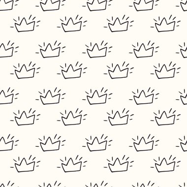 Aydınlık bir arkaplan üzerinde siyah çizgili el yapımı taçlar içeren kusursuz desenler.